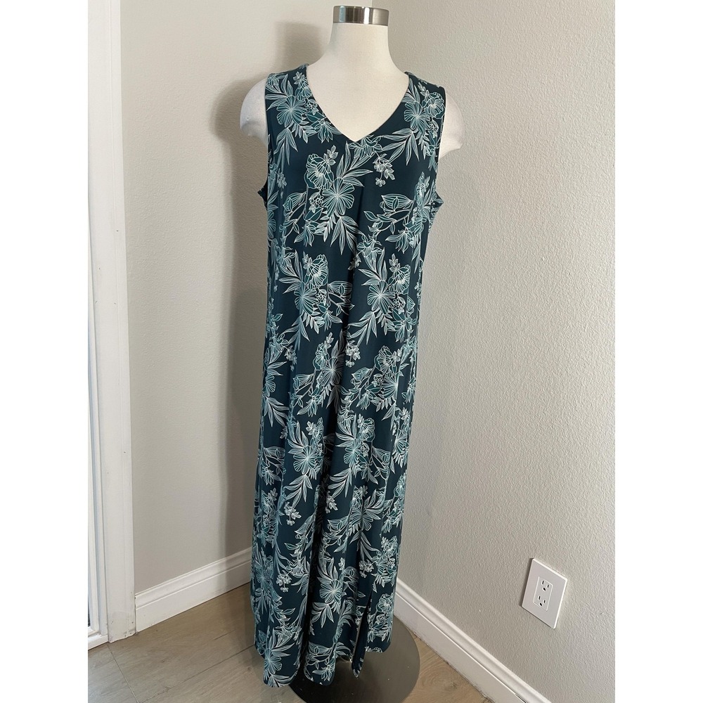 J Jill Wearever Dress Womens Medium Blue Floral Maxi Tank V Neck Sleeveless